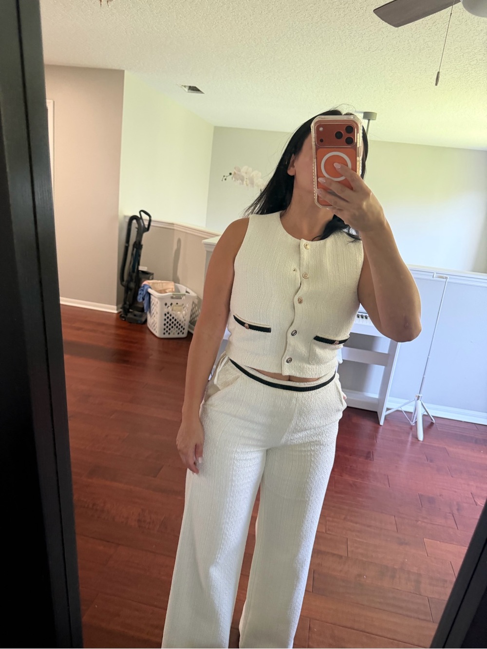 Maje Cream Textured Sleeveless Button Crop Top with Wide-Leg Pants